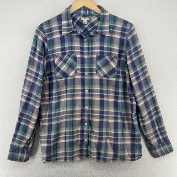LL BEAN Shirt Womens M Whisperweight Flannel Plaid Button Up Cotton Blue - Picture 1 of 13